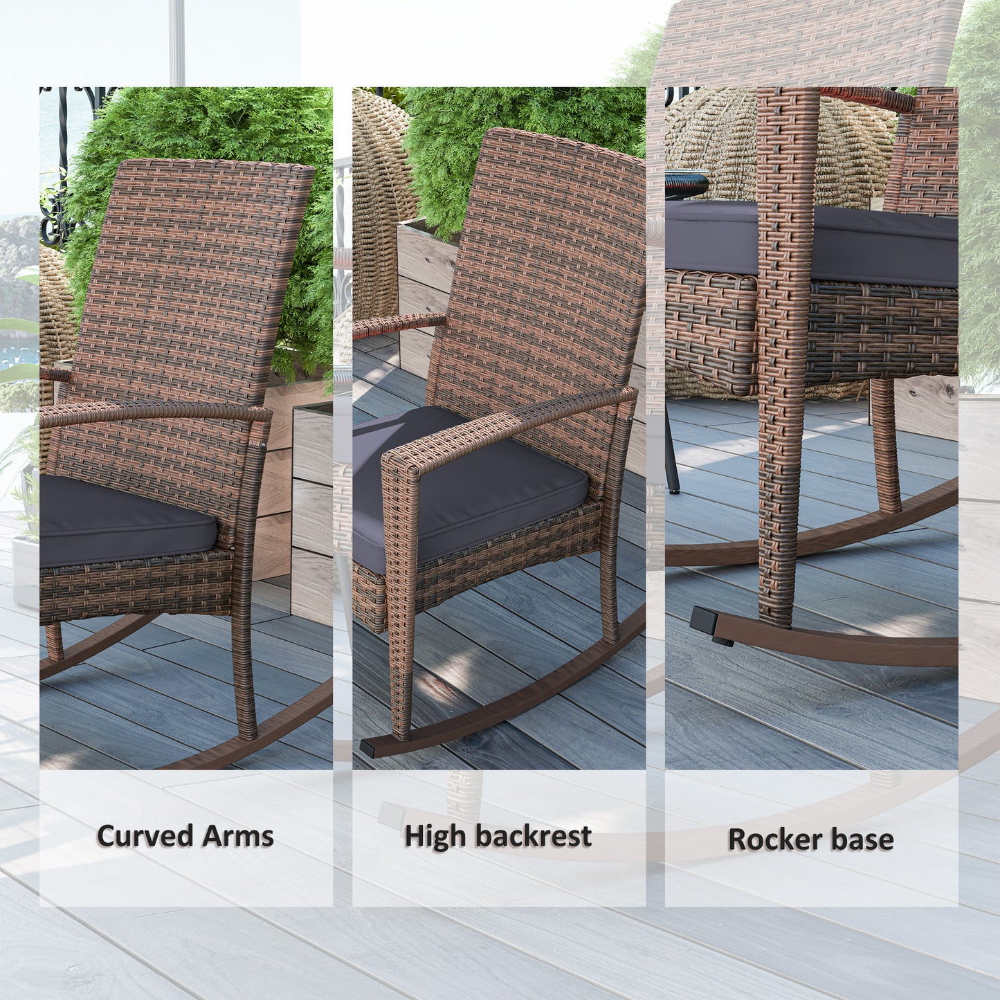 Outdoor PE Rattan Rocking Chair, Garden Glider Rocking Chair, Wicker Patio Chair Set with Armrest and Cushion, Wine Red