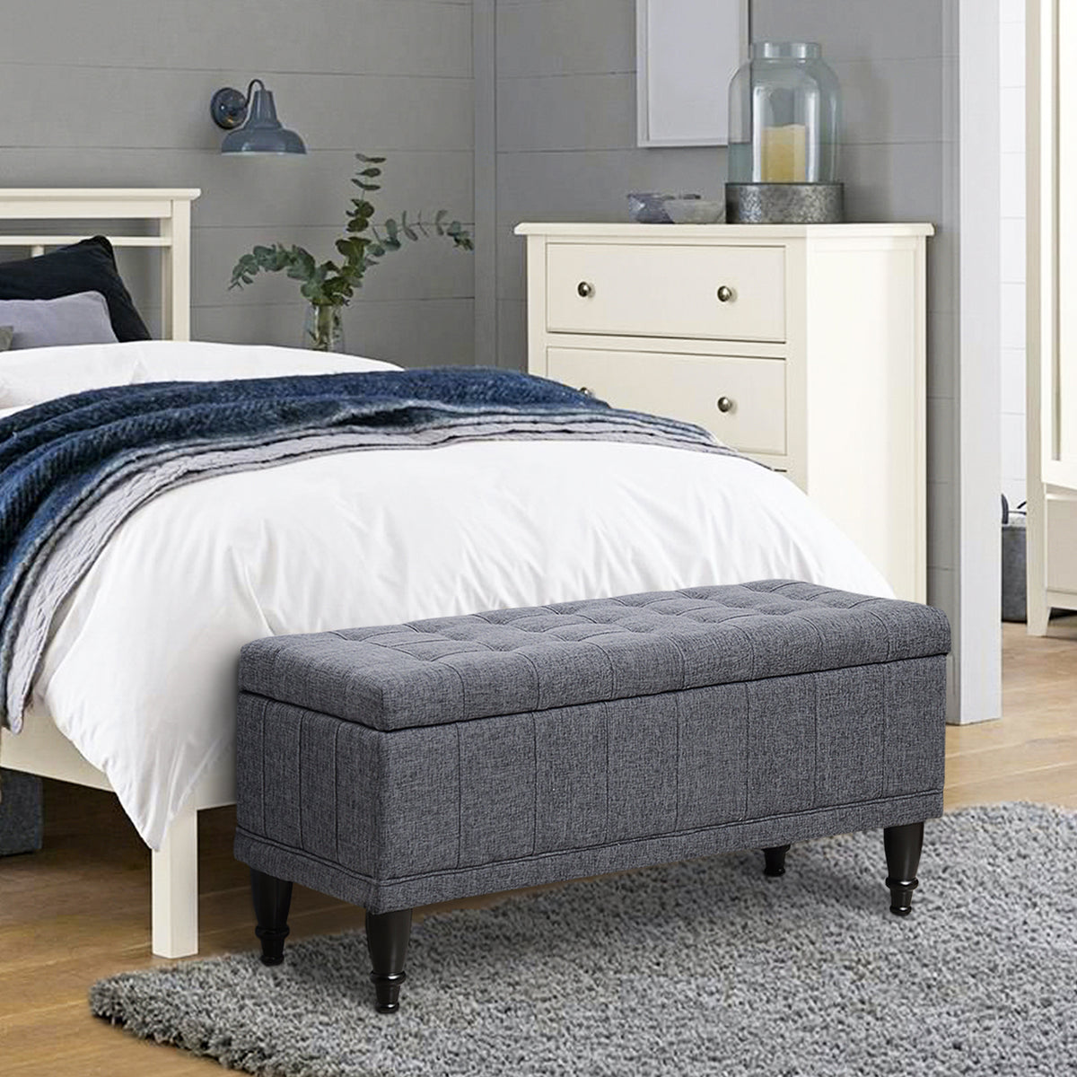 Storage Ottoman, Linen Fabric End of Bed Bench with Soft Close Lid, Button Tufted Storage Bench for Living Room, Entryway or Bedroom, 42" x 17" x 19", Grey
