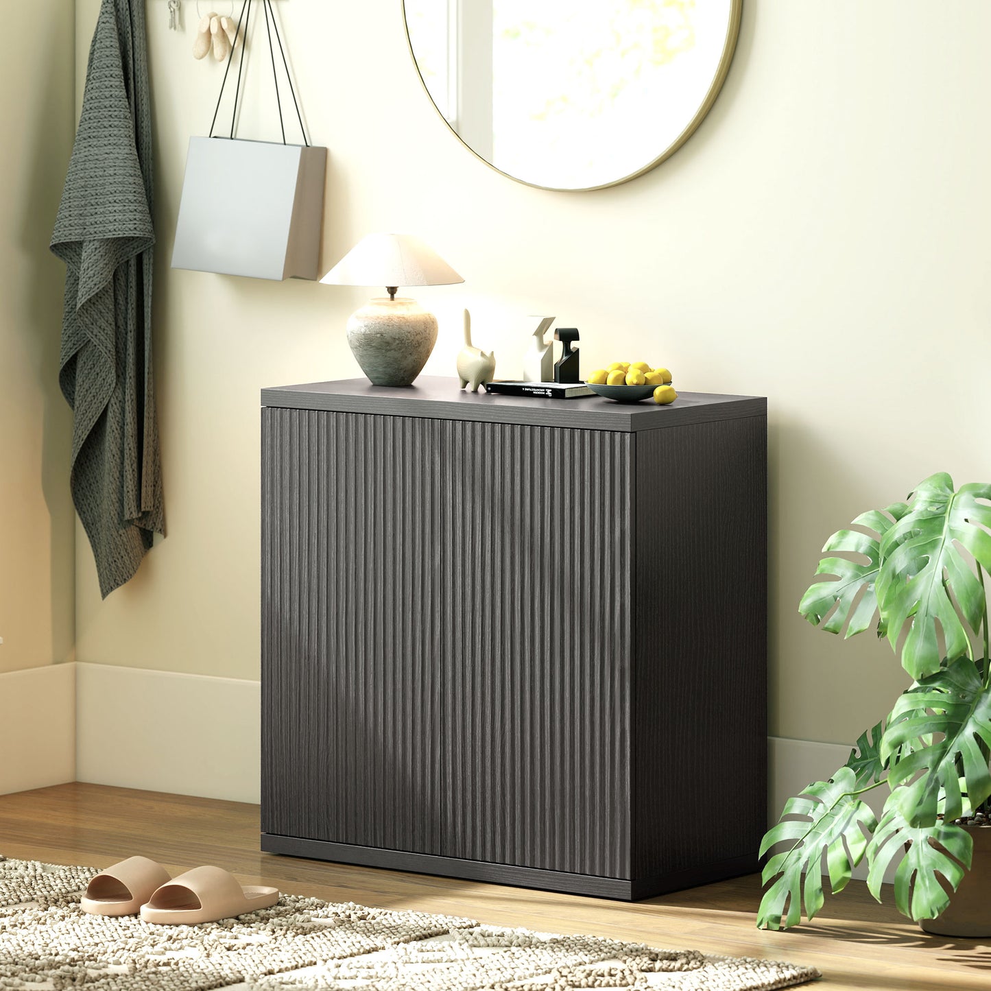 Sideboard Buffet Cabinet, 30.7" Kitchen Cabinet with Soft-Close Door and Adjustable Shelves, Distressed Black Grey