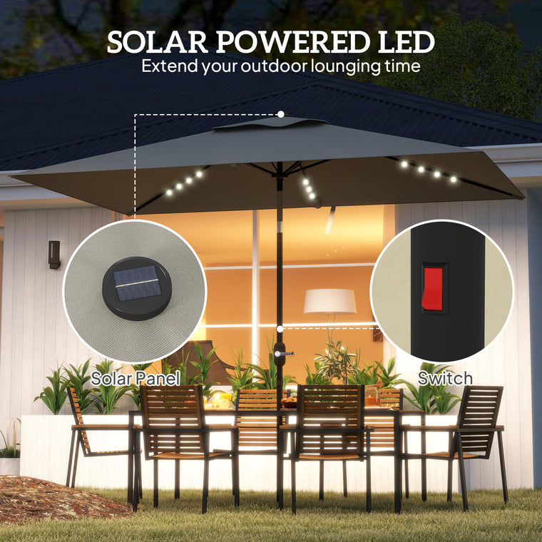 Patio Umbrella with 22 LED Solar Lights and Tilt, Light Grey