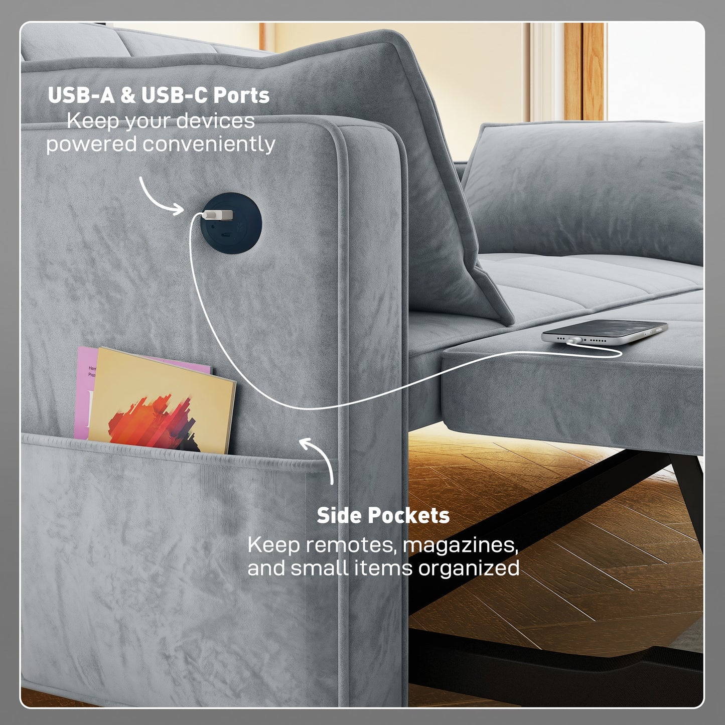 3-in-1 Convertible Sofa Bed, Pull-Out Sleeper Sofa with USB Charging, Adjustable Backrest and Side Pockets, Light Grey