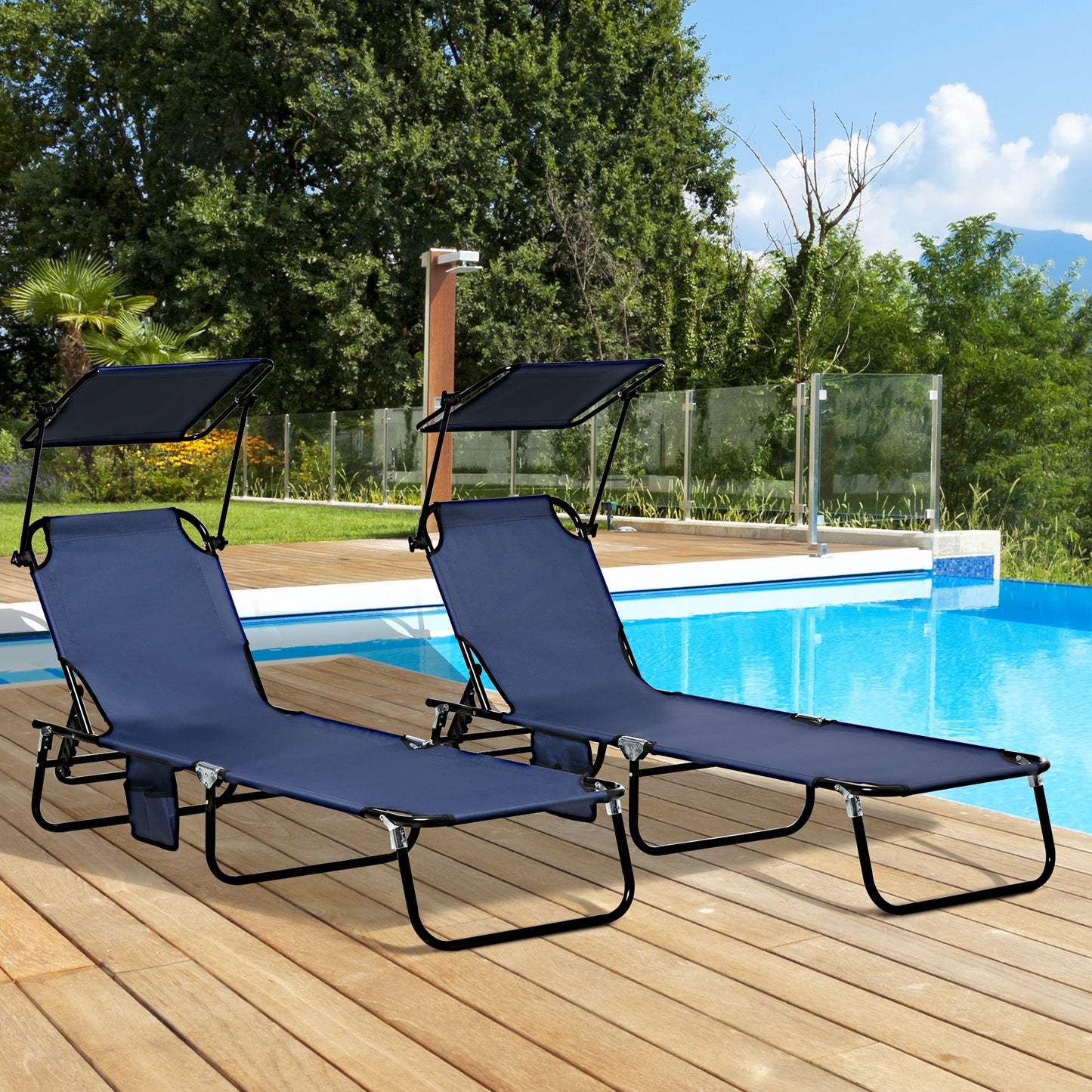 2 Piece Folding Outdoor Chaise Lounges, Pool Tanning Chairs with Reclining Back, Sunshade for Beach, Patio, Dark Grey