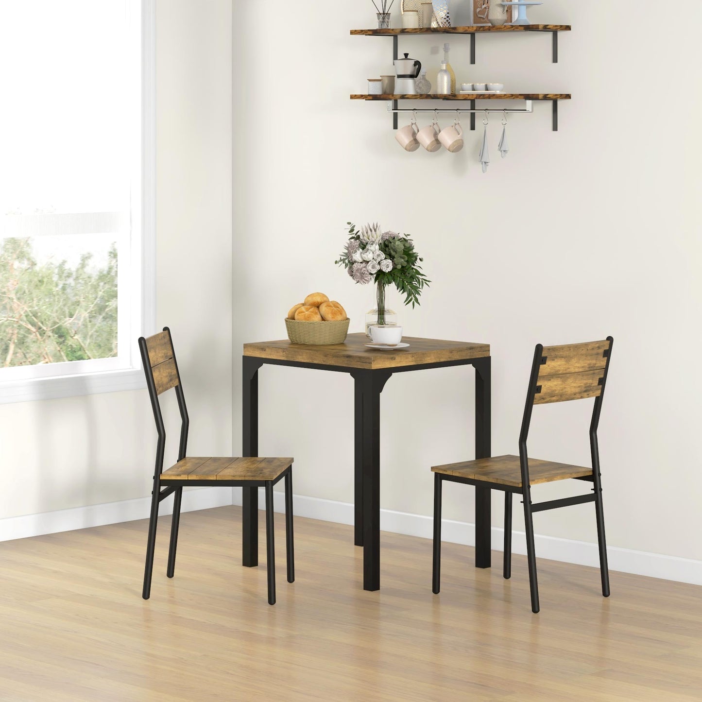Dining Table Set for 2, 3 Piece Kitchen Table and Chairs with Metal Legs for Small Spaces, Rustic Brown