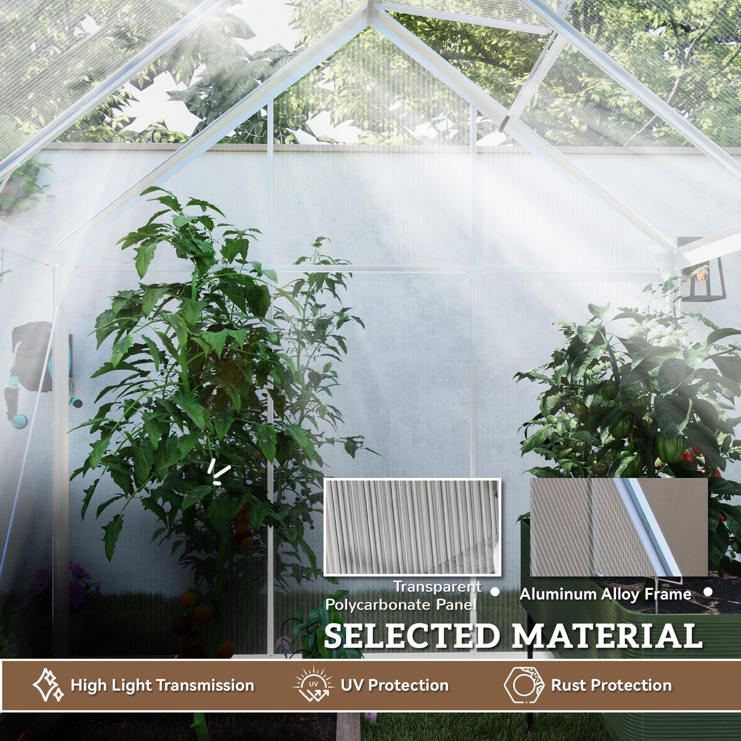 Walk-In Greenhouse, Polycarbonate Greenhouse with Sliding Door, Window, Aluminium Frame, Foundation, Silver