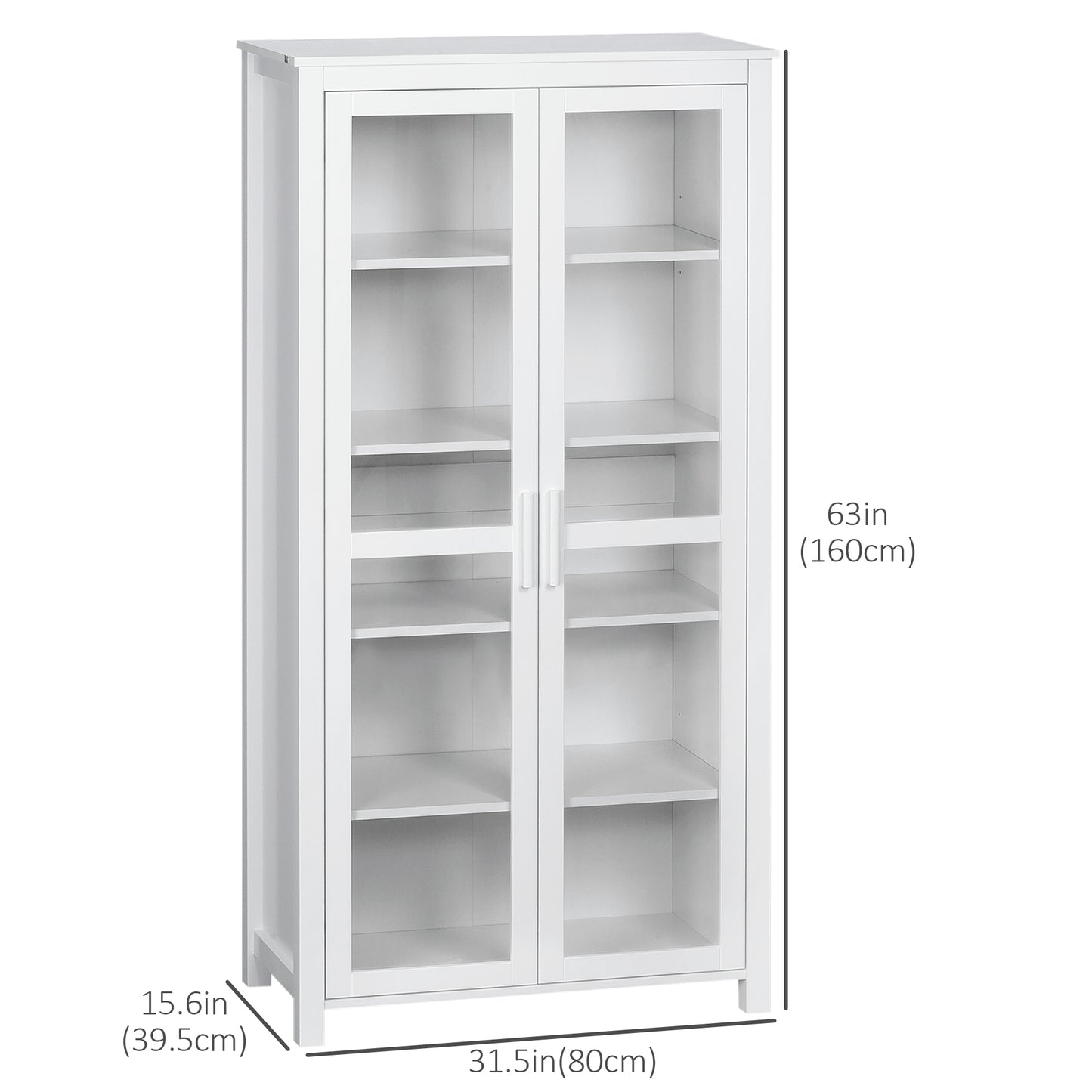 Freestanding Kitchen Pantry, Buffet Cabinet, 5-tier Storage Cabinet with Adjustable Shelves and 2 Glass Doors, White