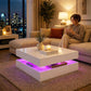 LED Coffee Table with Storage, 2-Tier Modern Center Table with Open Shelf and Remote for Living Room, High Gloss White