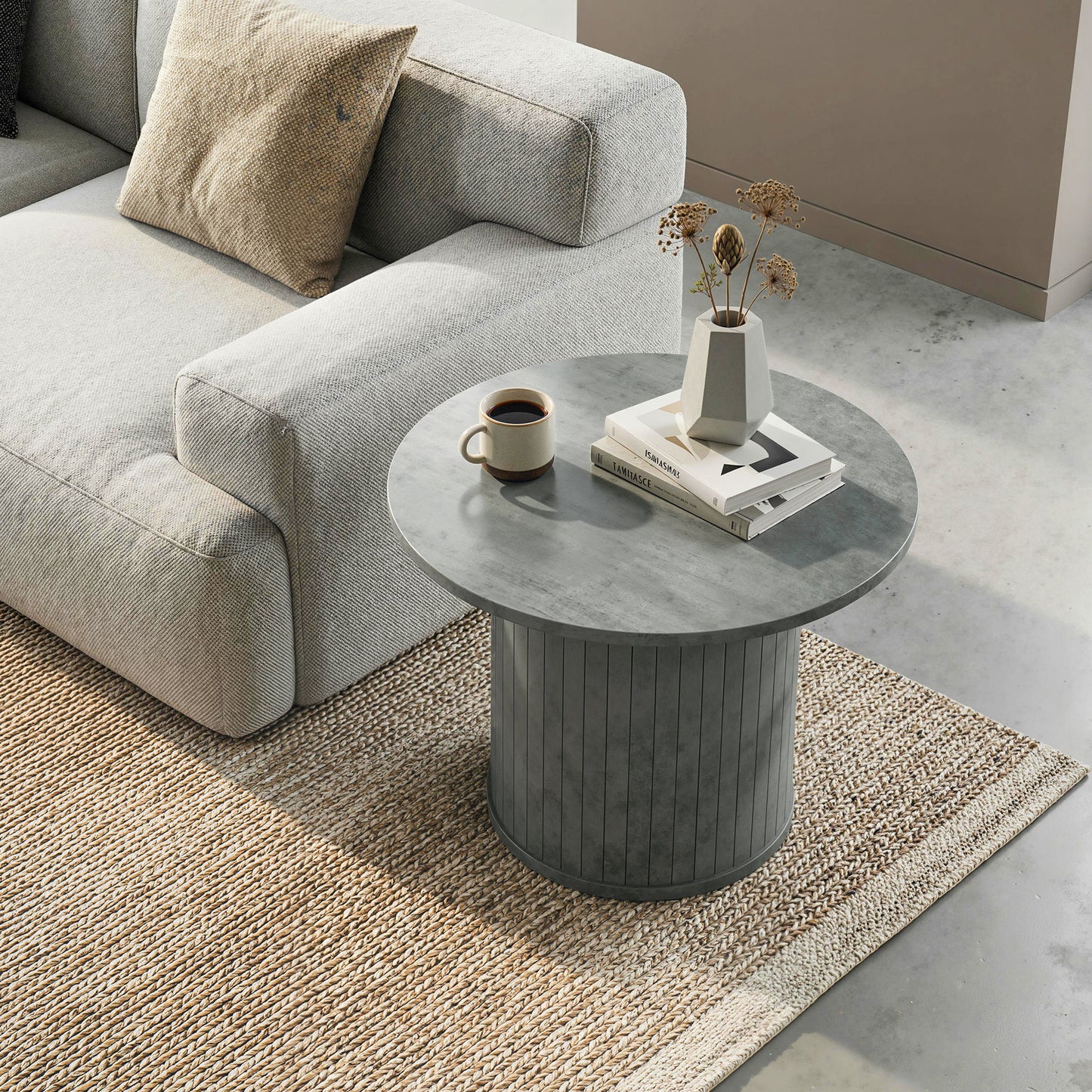 Round Coffee Table, 24" Center Table, Cement Grey