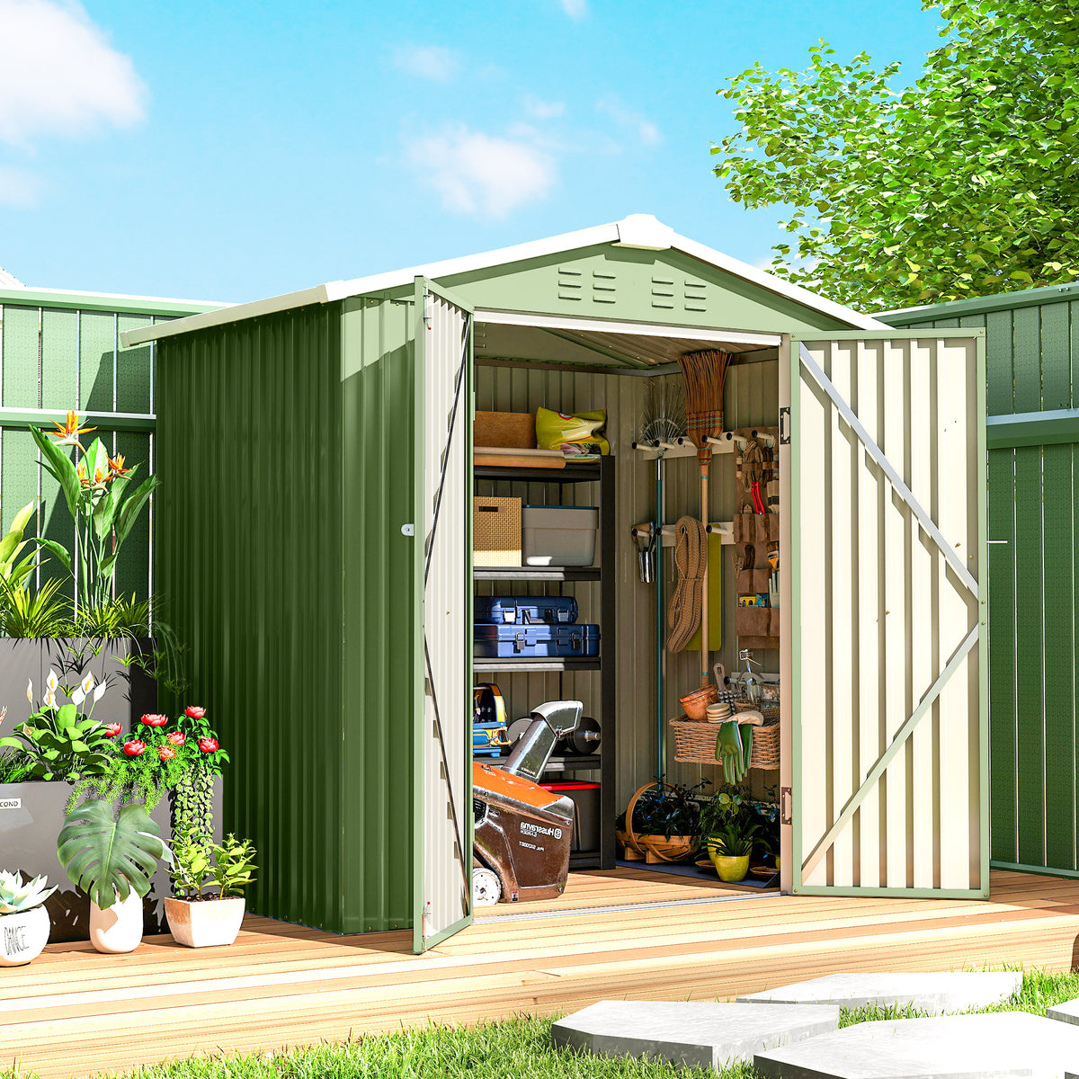6.5' x 4' Outdoor Storage Shed, Metal Garden Shed with Lockable Double Doors, 4 Vents, Light Green
