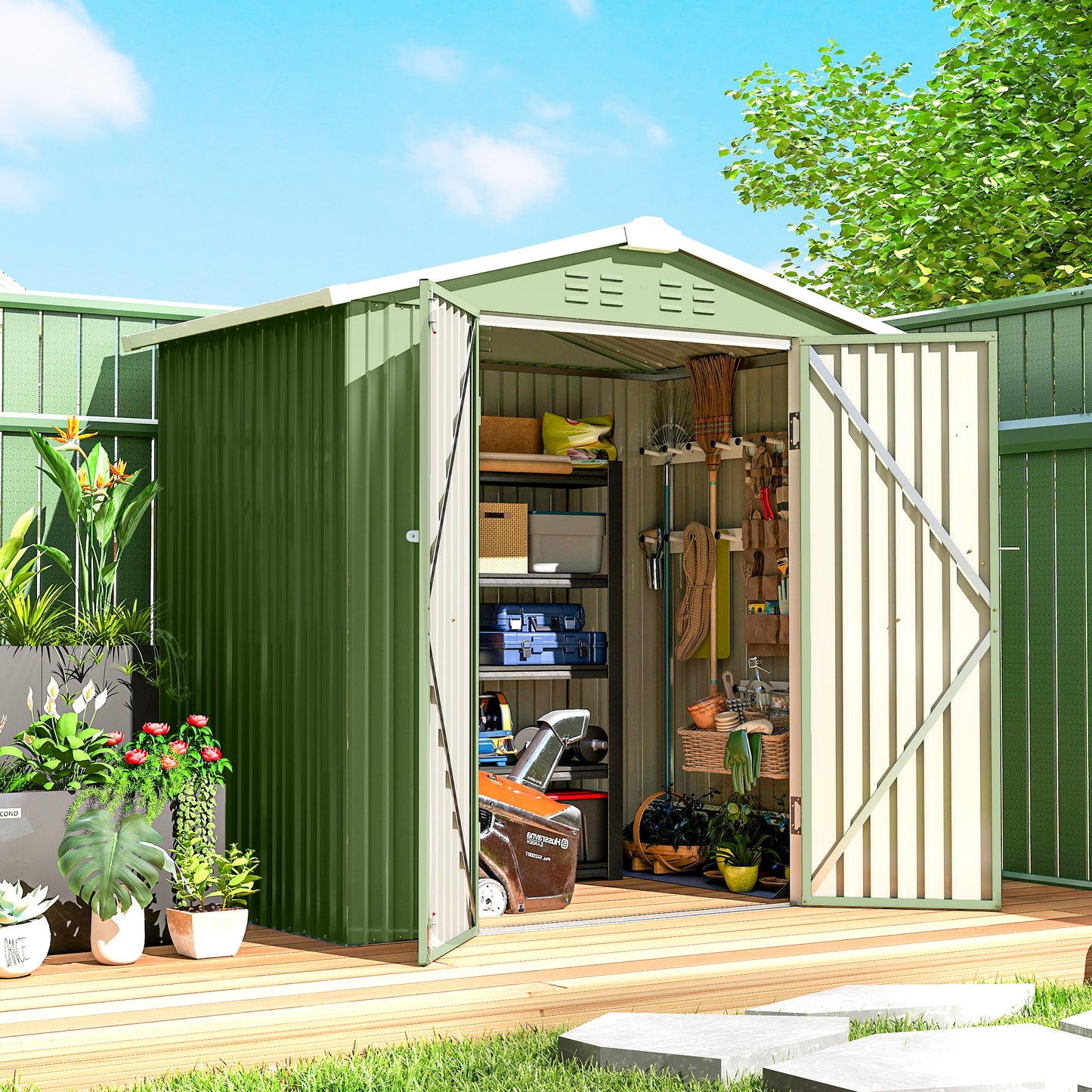 6.5' x 4' Outdoor Storage Shed, Metal Garden Shed with Lockable Double Doors, 4 Vents, Light Green