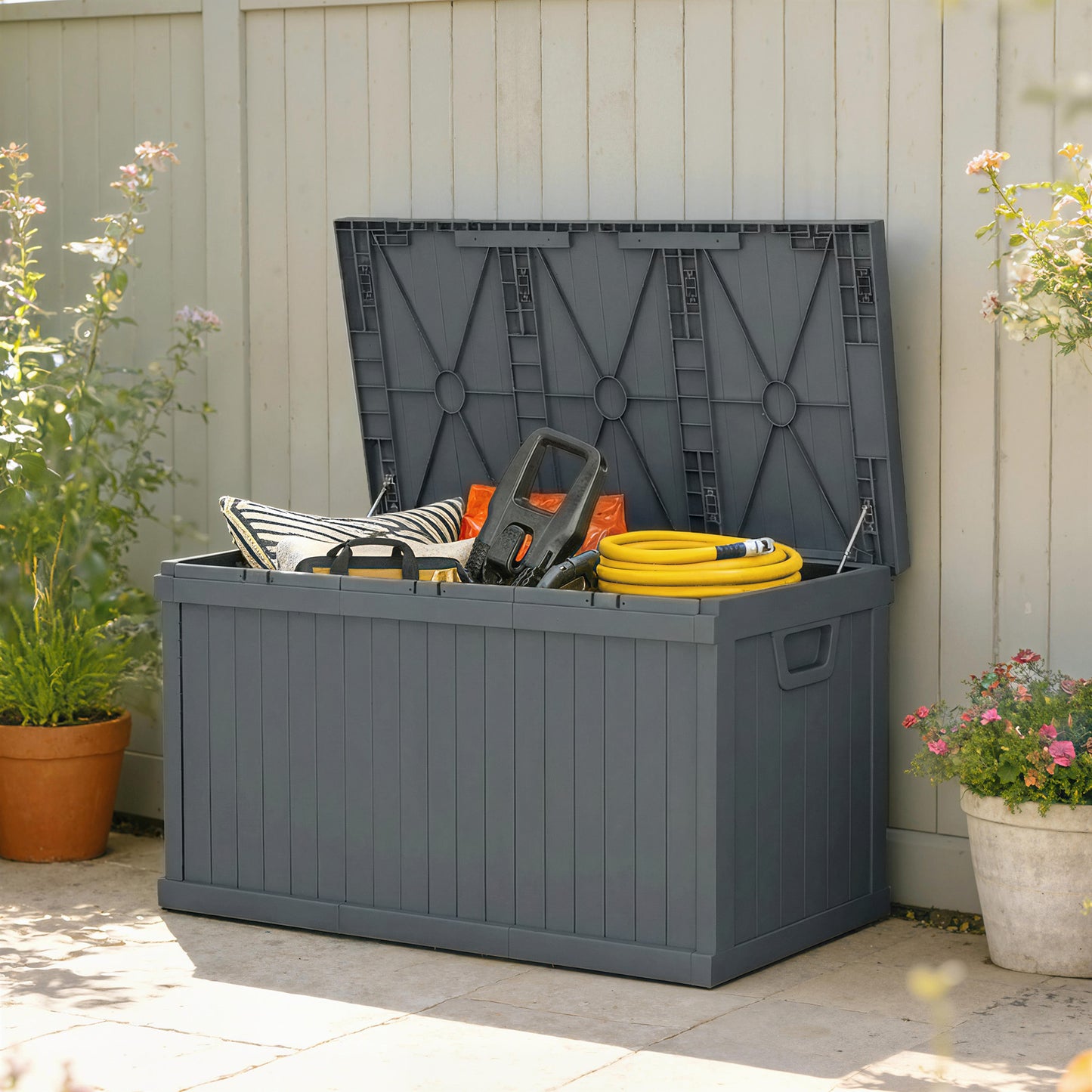 70-Gallon Resin Deck Box with Handles - Dark Grey