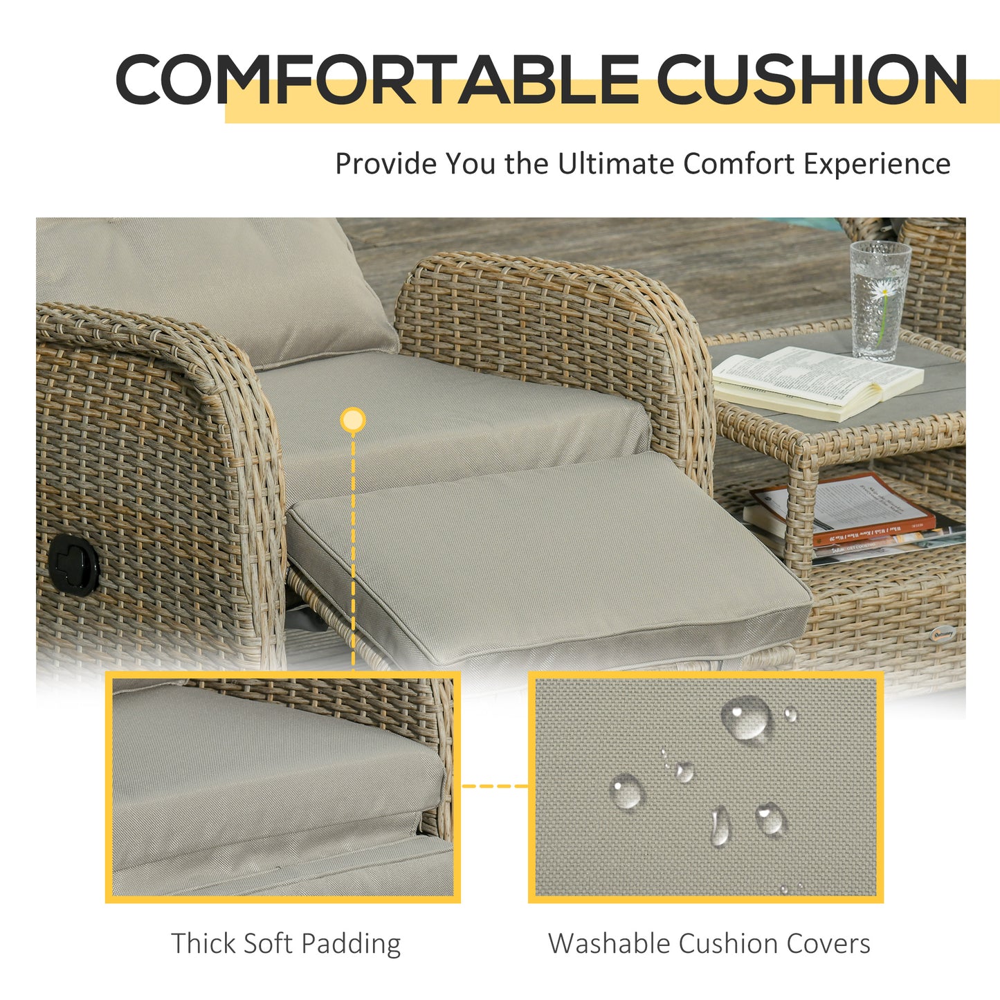 3 Pieces Patio Wicker Bistro Set, PE Rattan Coffee Table & Adjustable Recline Chairs Furniture Set with Cushions and Wood Grain Plastic Top, Grey