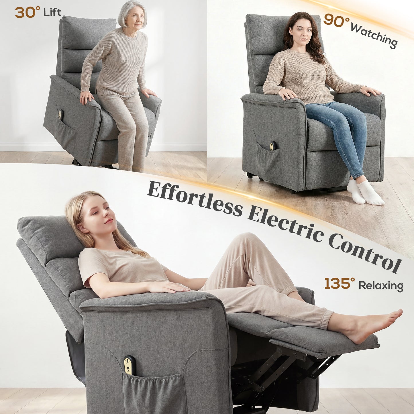Lift Chair for Elderly, Power Chair Recliner with Remote Control, Side Pockets for Living Room, Dark Grey