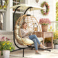 Double Wicker Egg Swing Chair with Canopy, Foldable Hanging Egg Chair with Stand Cushion Headrest, Beige