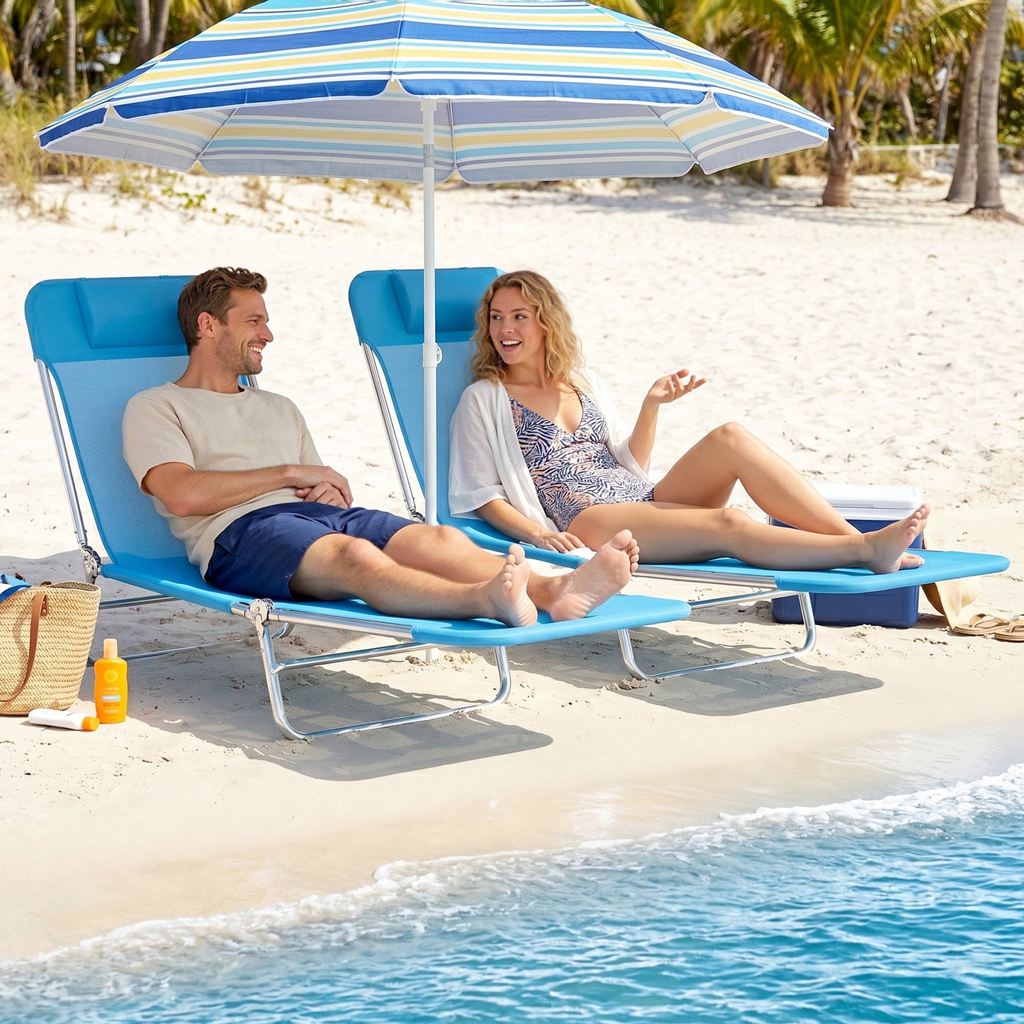 Set of 2 Folding Chaise Lounge Chairs, Outdoor Poolside Sun Tanning Chairs w/ Pillow, Reclining Backrest, Dark Blue
