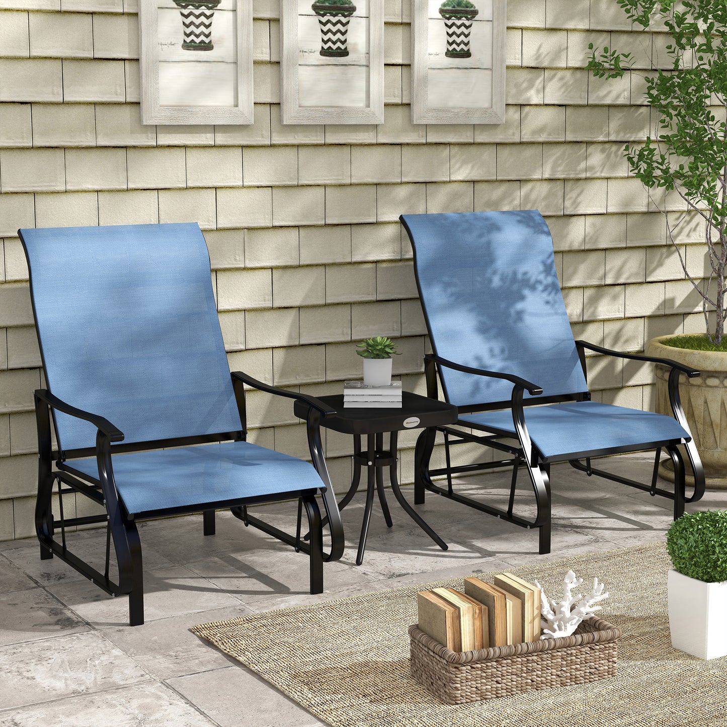 3PCs Gliding Rocking Chair & Bistro Tea Table Set, Grey - Light Blue