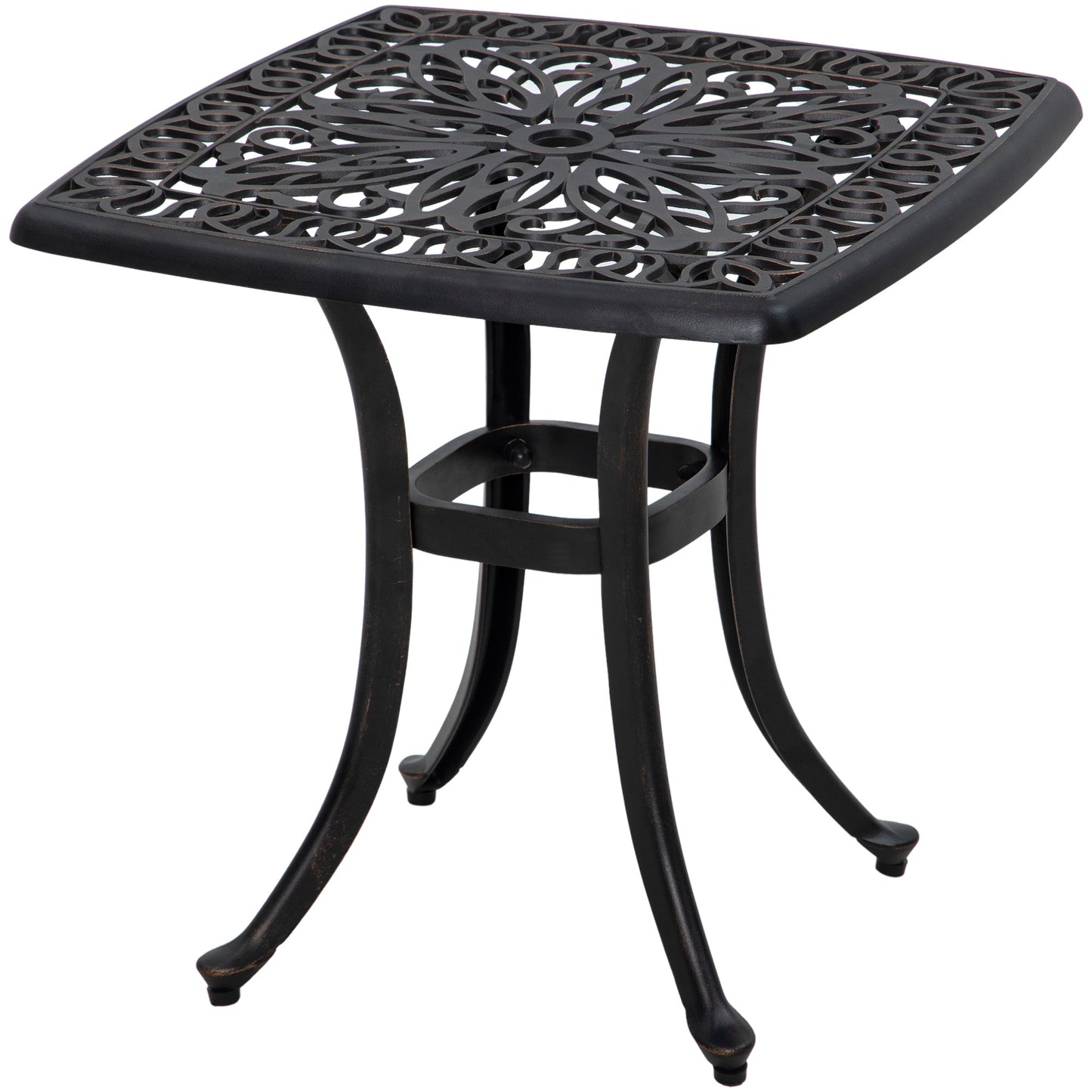 21" Square Outdoor End Table, Cast Aluminum Patio Side Table with Umbrella Hole for Garden, Balcony, Poolside, Black