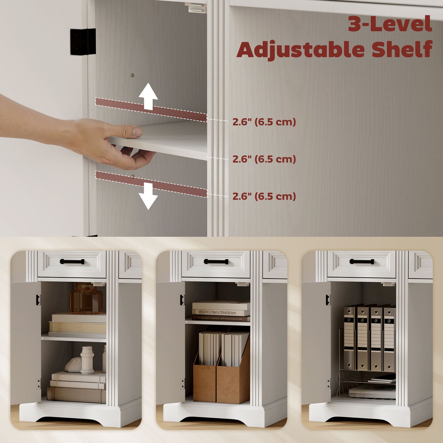58" Home Office Desk with Soft-Close Drawers, Farmhouse Executive Desk with File Drawer for Letter Size, White
