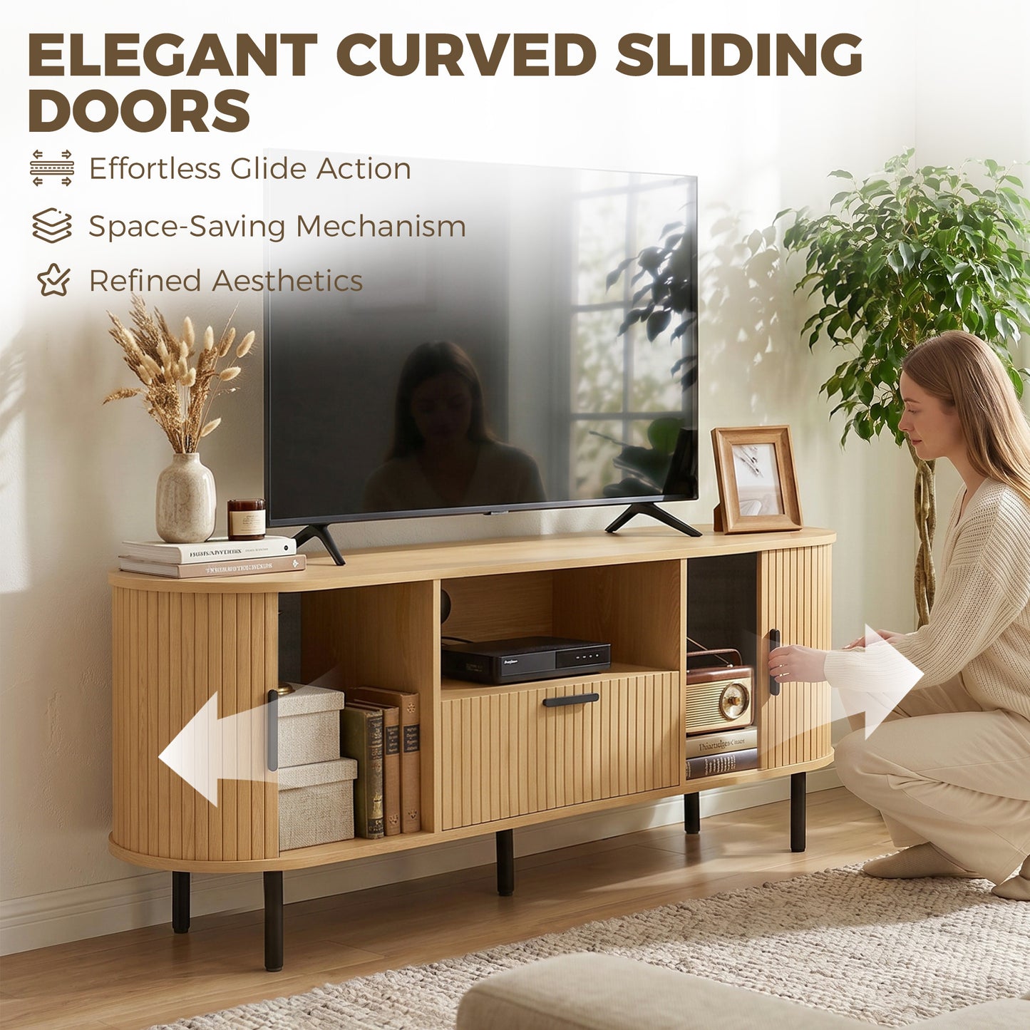 TV Stand for TVs up to 60", Modern Entertainment Center with Curved Sliding Doors and Storage, Natural Wood