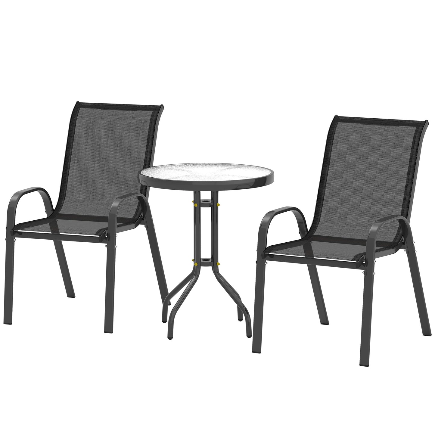 3 Pieces Bistro Set, Small Patio Furniture Set with Stackable Mesh Chairs, Glass Table for Garden, Light Mixed Brown