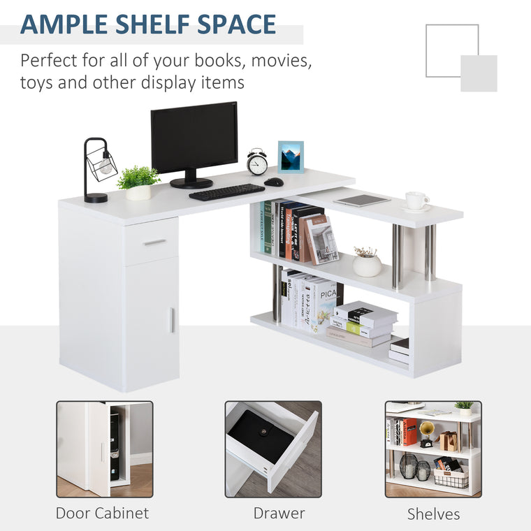L-Shaped Rotating Computer Desk with Storage - White