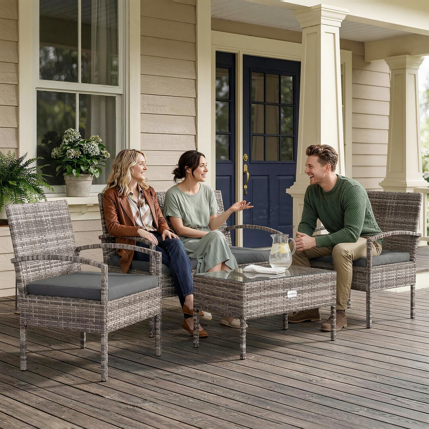 4 Pieces Patio Furniture Set with A Loveseat, Two Armchairs and A Coffee Table, Outdoor Conversation Set, Dark Grey