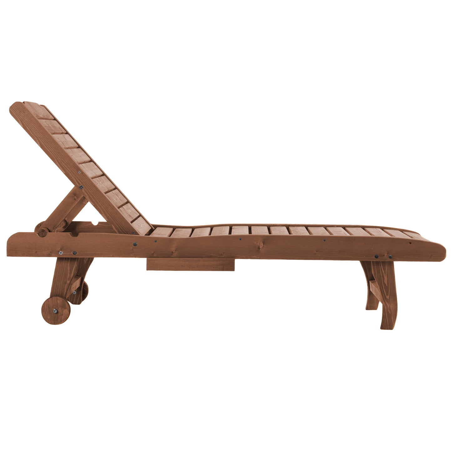 Wooden Outdoor Lounge Chair, Adjustable Patio Outdoor Chaise Recliner Garden Furniture, Tanning Chair with Pull-out Tray and 2 Wheels, Brown