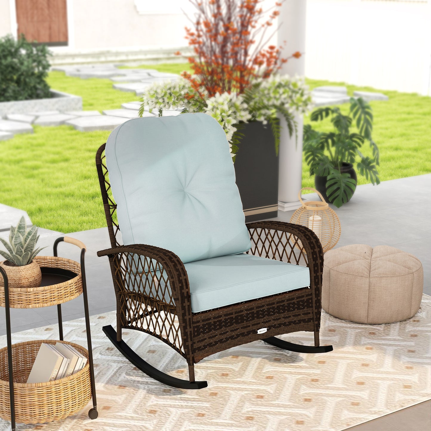Outdoor Wicker Rattan Rocking Chair Patio Rocker with Thick Cushions for Garden Backyard Porch, Light Green