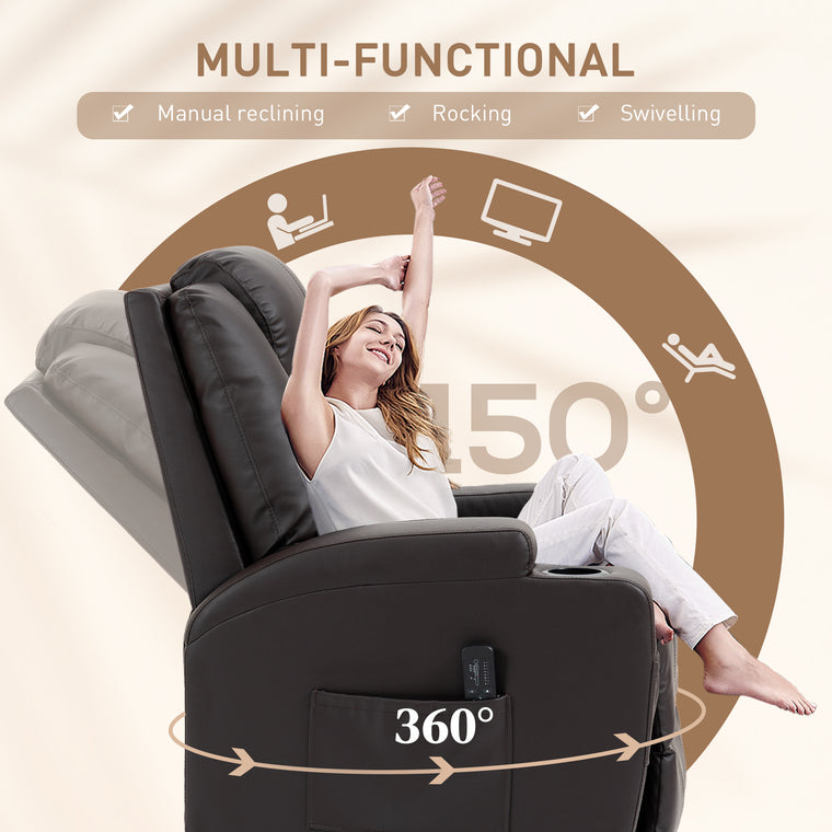 Swivel Massage Recliner with 8 Vibration Points - Brown