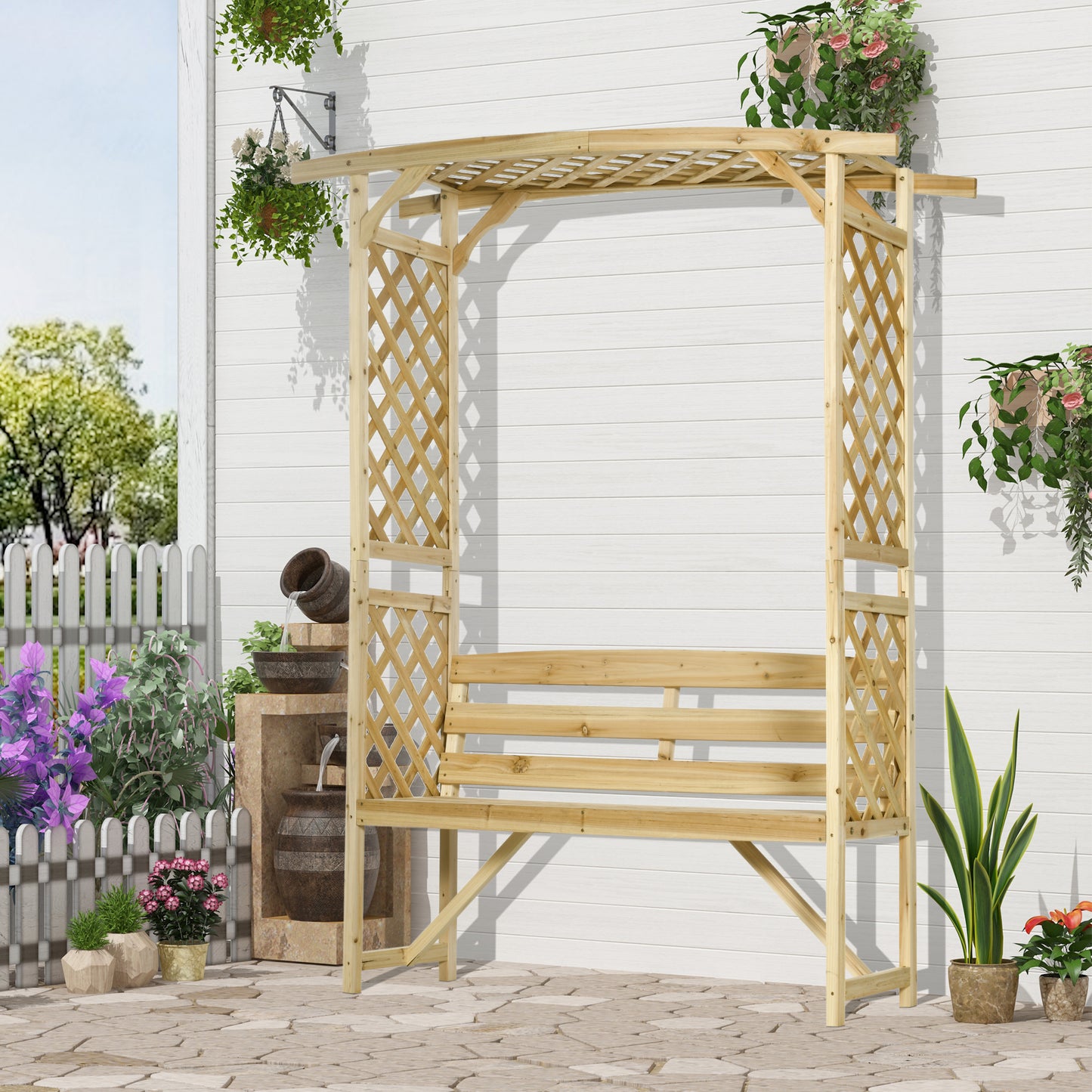 Natural Wood Garden Arch with 2-Person Bench