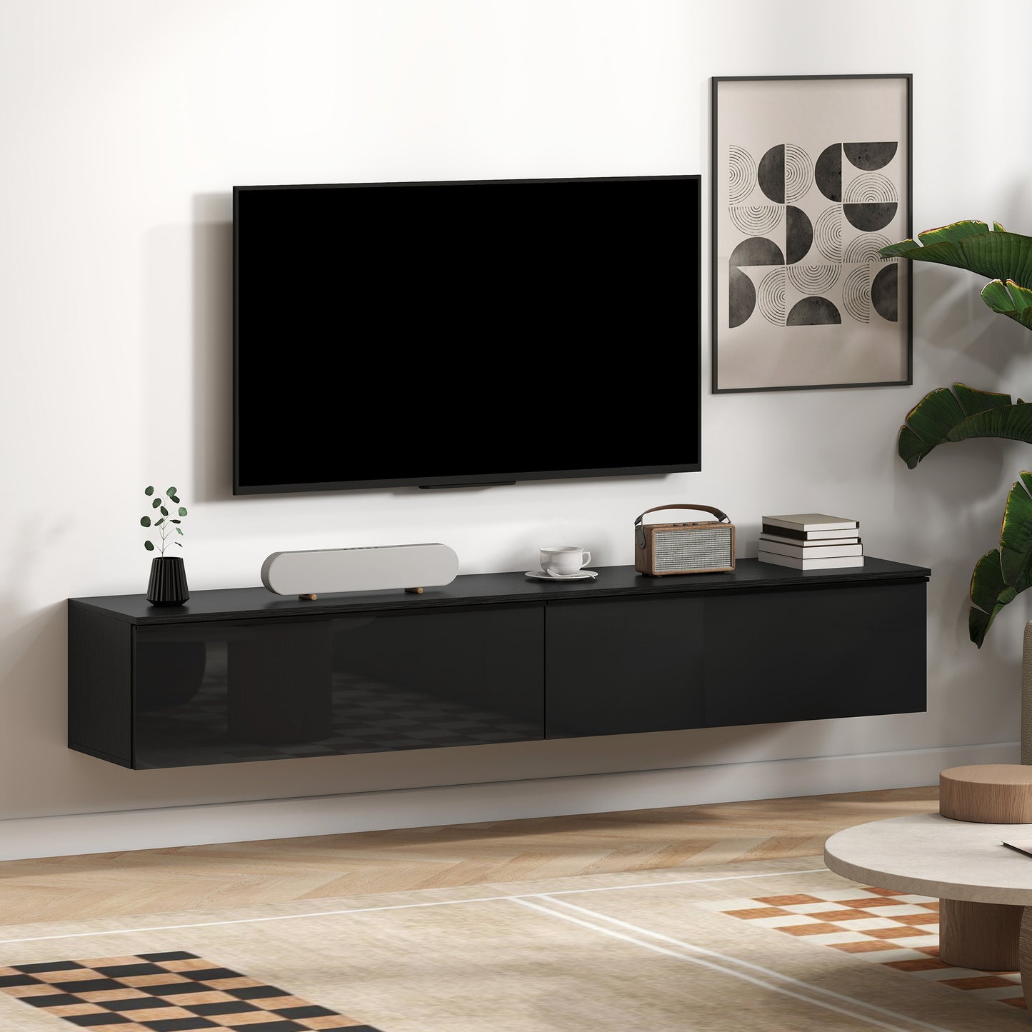 Wall Mounted TV Stand, Floating TV Cabinet with Storage, for TVs up to 70", High Gloss Effect, Black