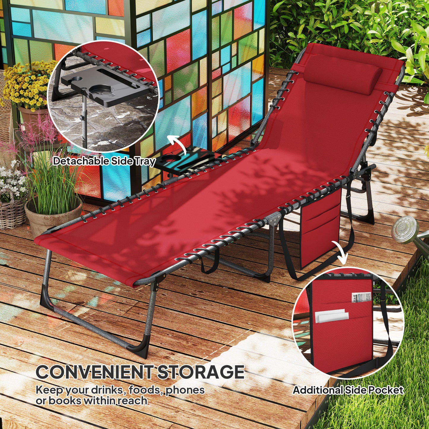Folding Lounge Chair, Outdoor Chaise Lounge Tanning Chair with Adjustable Back, Side Table, Headrest, Black