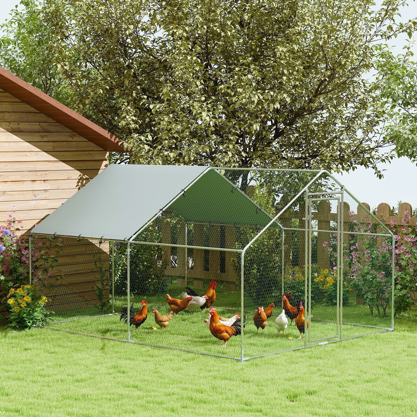 Metal Chicken Coop, 9.8 x 11.2 FT Walk-in Chicken Run with Cover, Lockable Door, Outdoor Poultry Cage for 10-15 Chickens - 9.8' x 11.2'