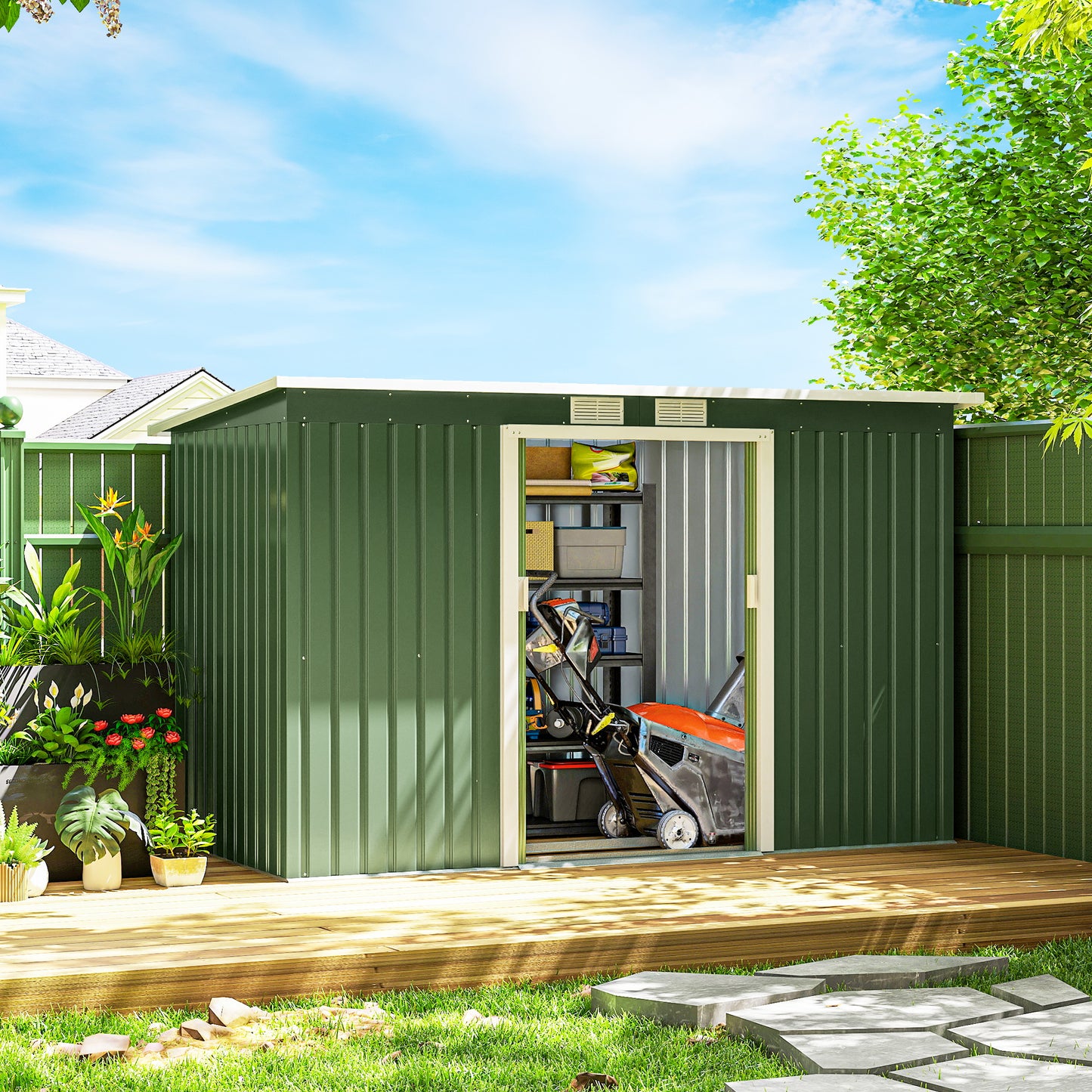 9' x 4' Garden Metal Storage Shed Outdoor Equipment Tool Box with Foundation Kit, Ventilation & Doors, Light Green