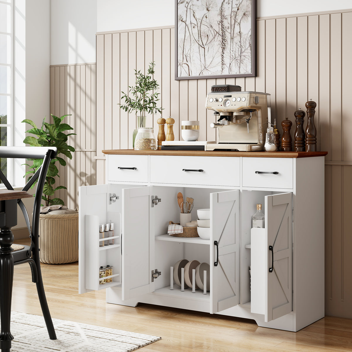 47" Buffet Cabinet with Soft-Close Hinges, Farmhouse Sideboard with 3 Drawers, Adjustable Shelves and Spice Racks, White
