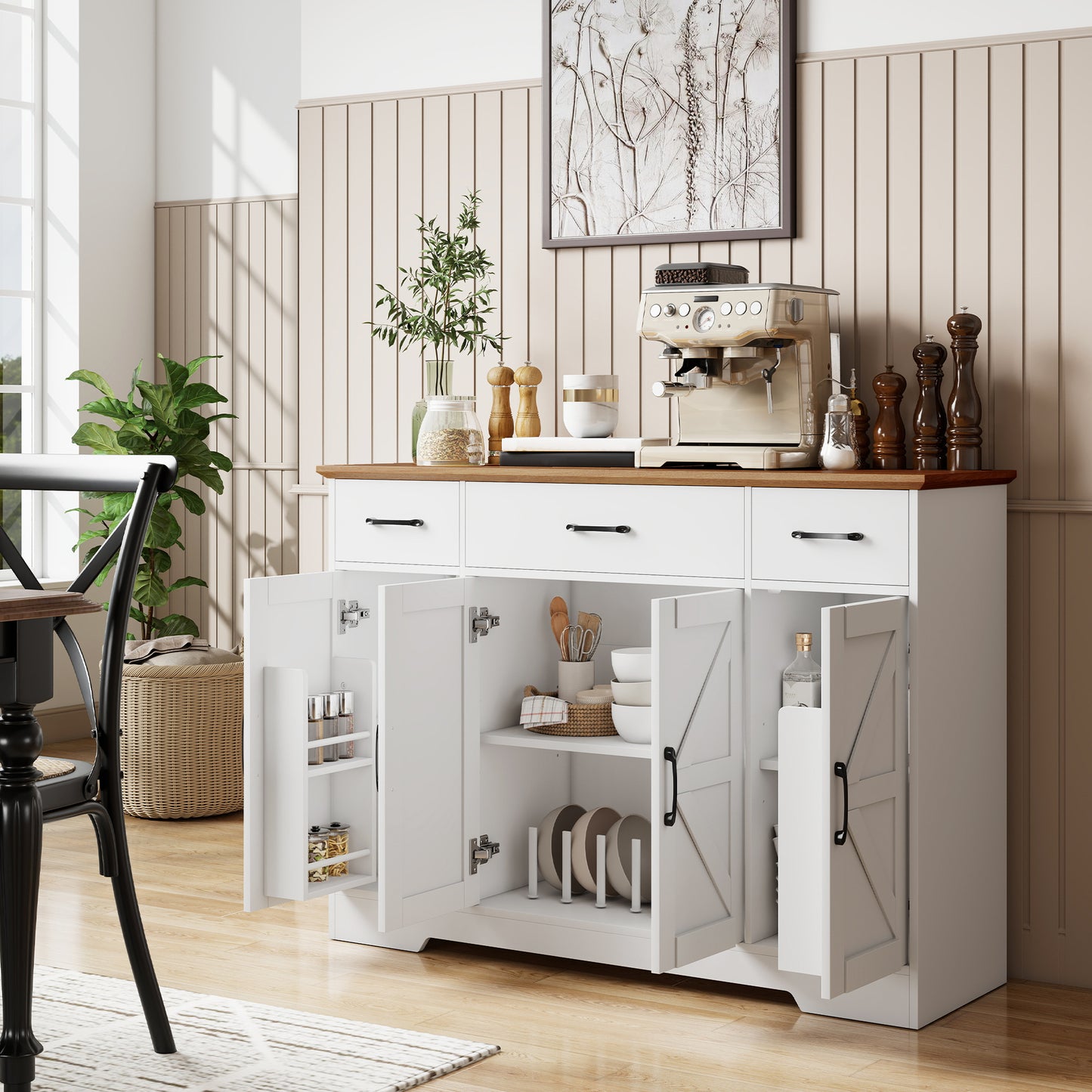 47" Buffet Cabinet with Soft-Close Hinges, Farmhouse Sideboard with 3 Drawers, Adjustable Shelves and Spice Racks, White