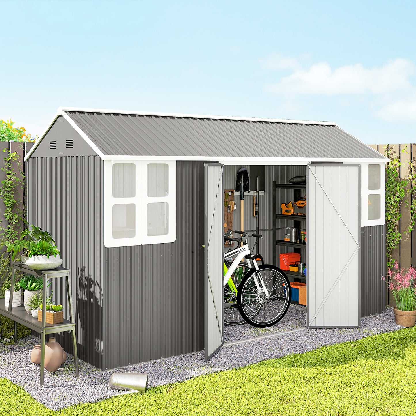 Metal Garden Storage Shed, Outdoor Tool Storage House with Lockable Door, Vents, Sloped Roof, Light Grey - 12' x 5.5'