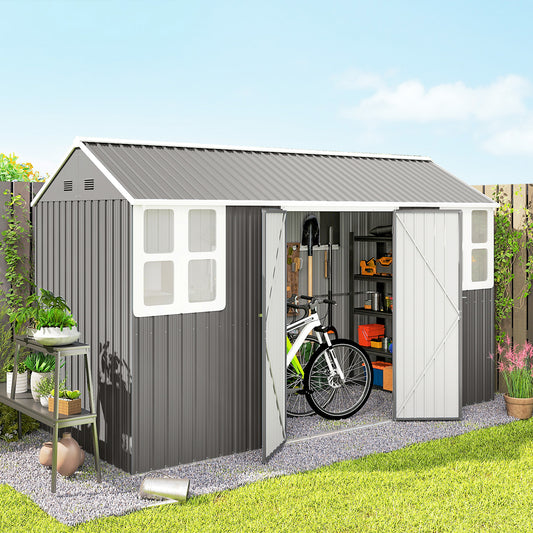 12' x 5.5' Metal Garden Storage Shed, Outdoor Tool Storage House with Lockable Door, Vents, Sloped Roof, Light Grey