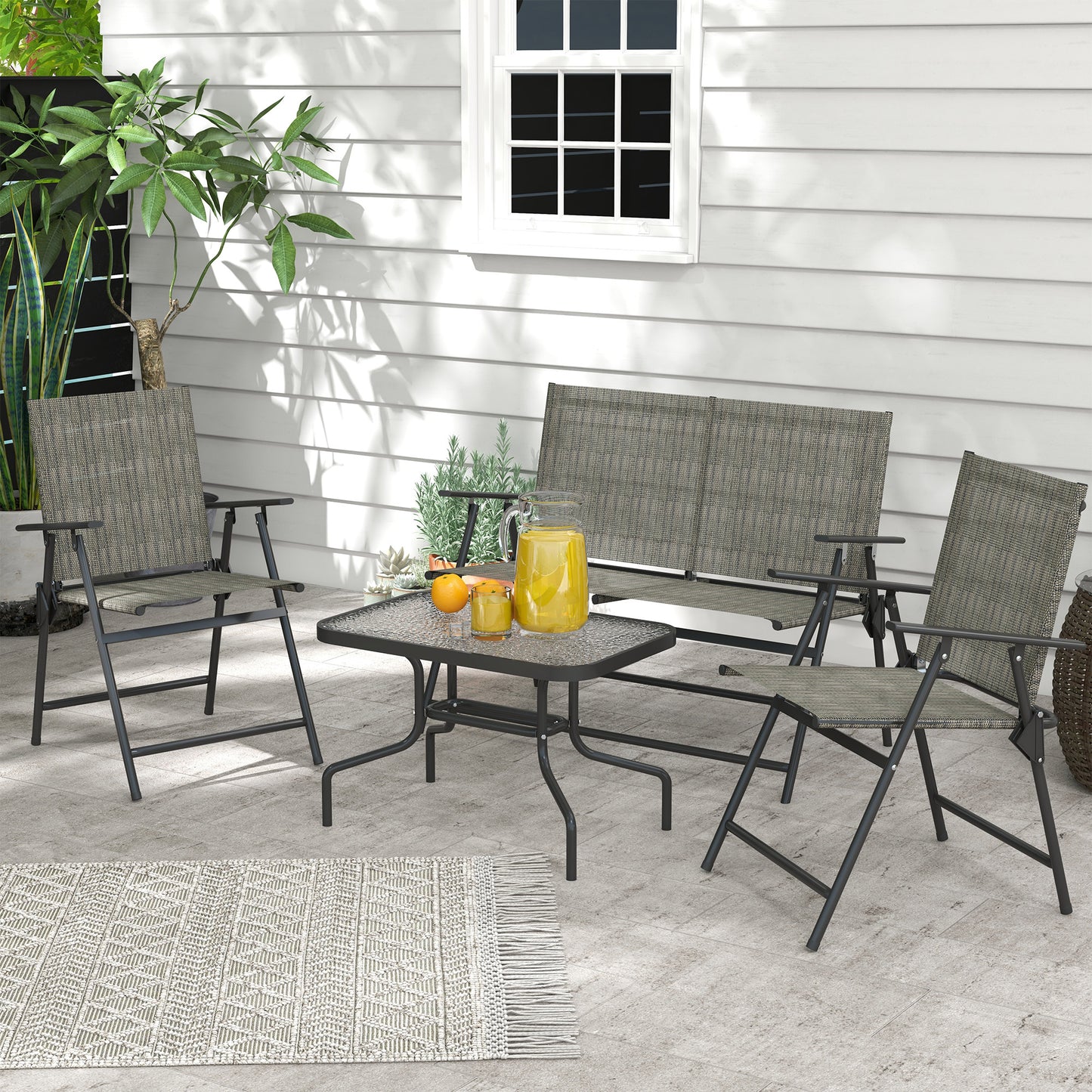 Outdoor 4 Pieces Patio Furniture Set, Garden Set with Two Foldable Armchairs, a Loveseat & Glass Top Table, Mixed Grey