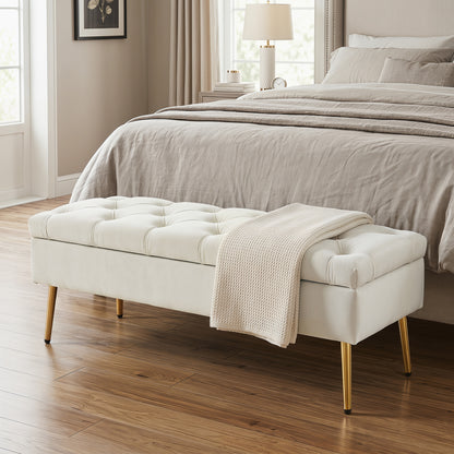 Velvet Tufted Bedroom Bench with Gold Legs