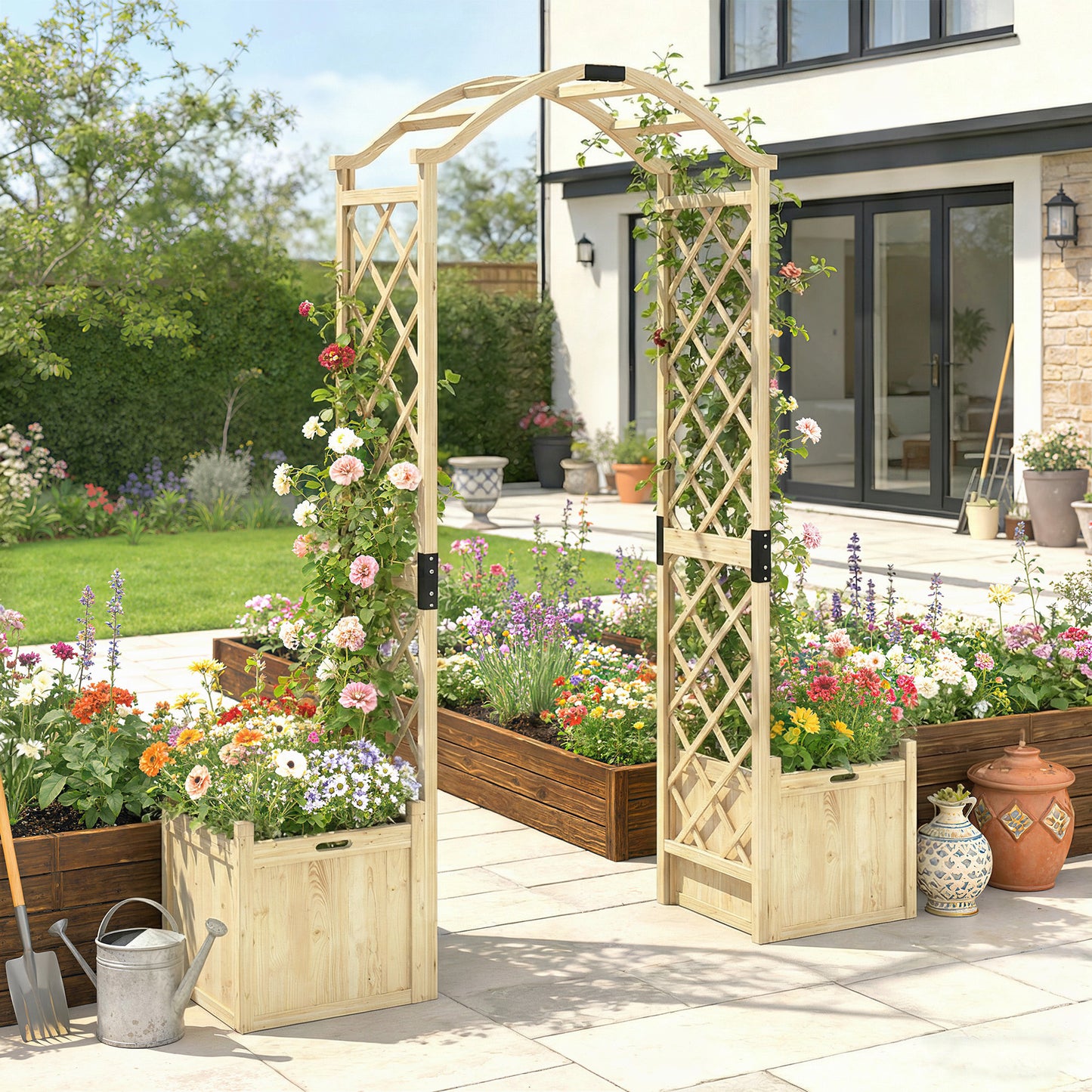 Wooden Garden Arch with 2 Planter Boxes, Arch Trellis for Climbing Plants, Decorative Arbor Archway, Natural Wood