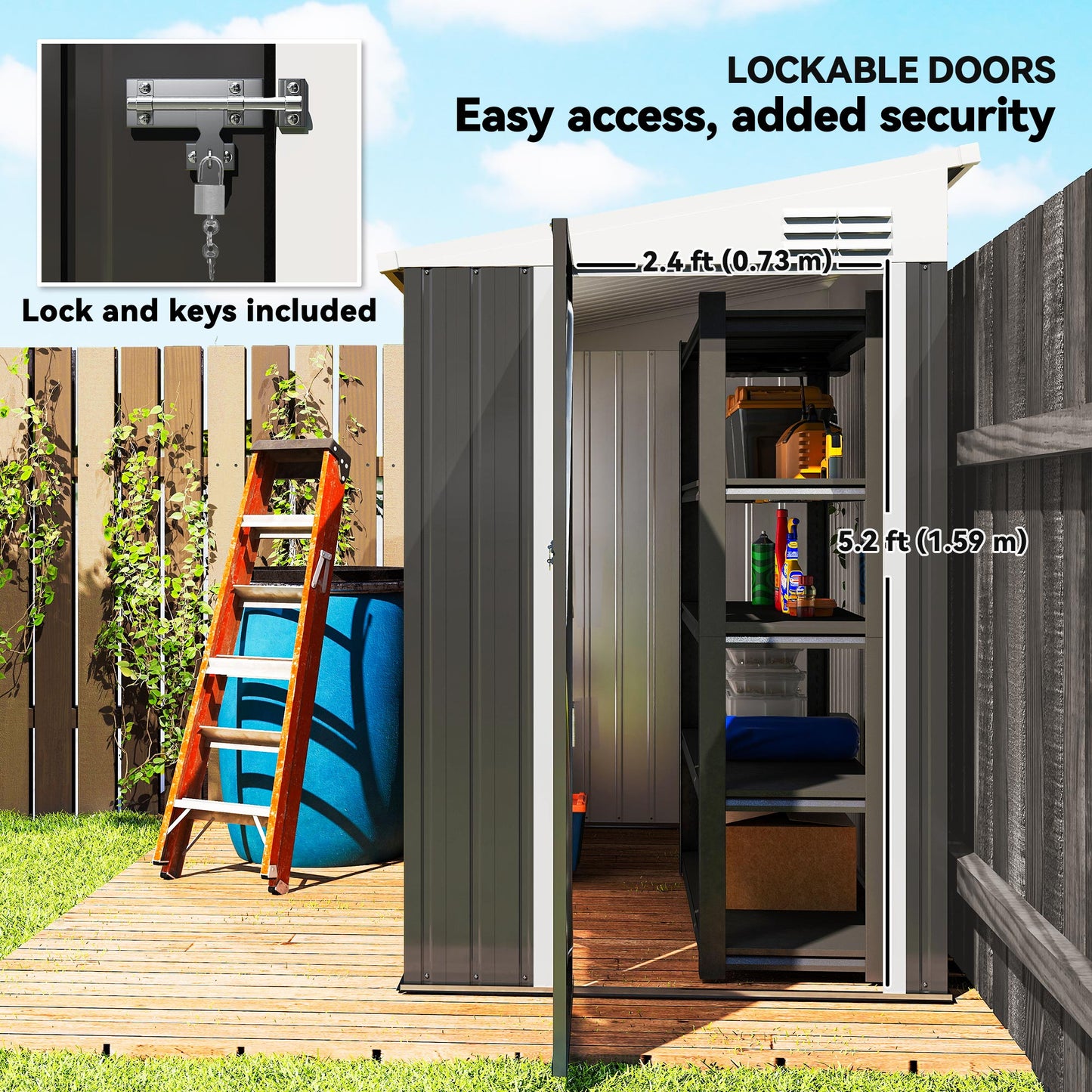 Outdoor Storage Shed Lean to Shed Outdoor Metal Tool Shed with Lockable Door and Air Vents, Dark Grey