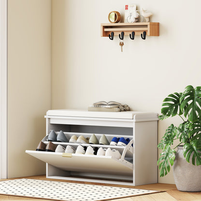 Entryway Shoe Storage Bench with Flip-Drawers - White