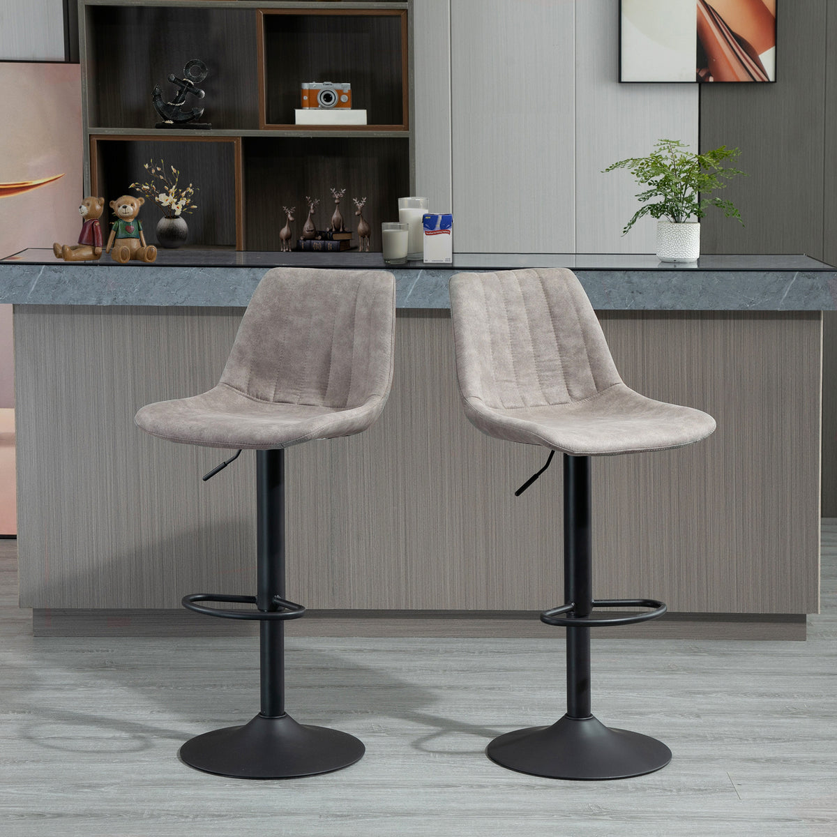 Adjustable Bar Stools Set of 2, Leathaire Swivel Barstools with Back and Footrest, Upholstered Bar Chairs for Kitchen, Dining Room, Home Pub, Grey