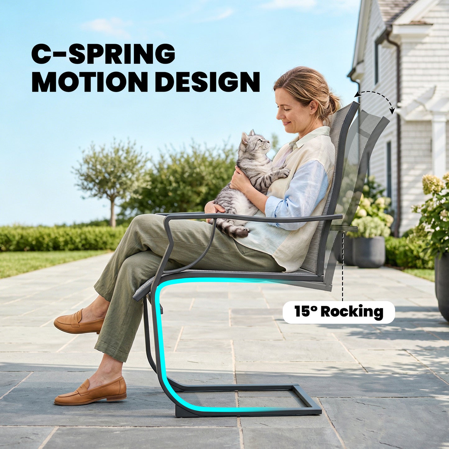 C Spring Motion Patio Chairs Set of 2 with Curved High Backrest, Armrest, All Weather Breathable Fabric, Metal Frame