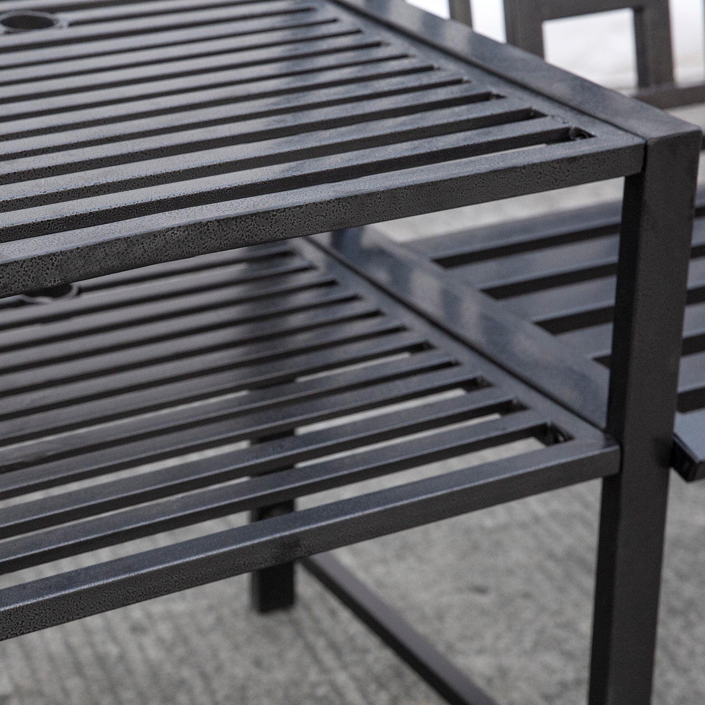 Steel Garden Bench w/ Middle Table, Umbrella Hole, Double Seat for Outdoor, Patio, Backyard Weather-Resistant Frame, Black