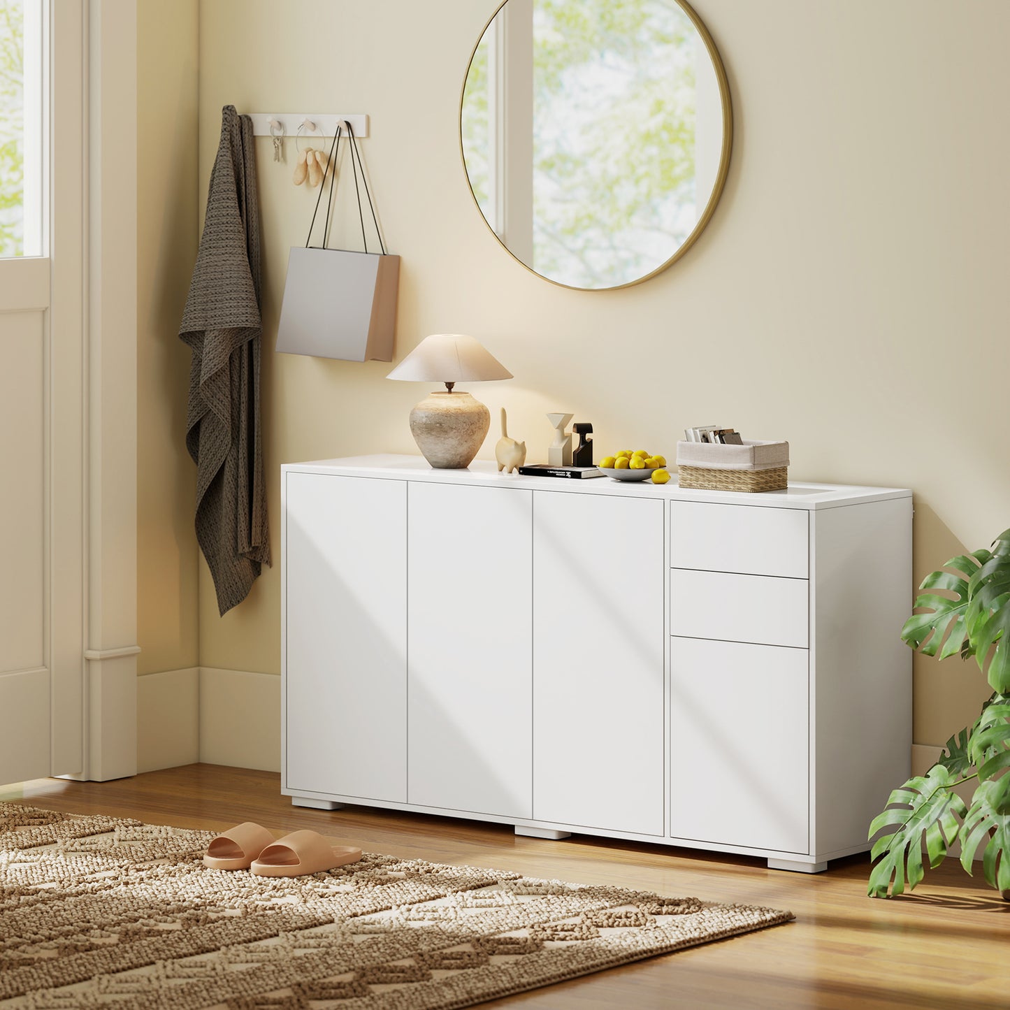 Kitchen Sideboard Storage Cabinet, Modern Coffee Bar Cabinet with Push-Open Design and 2 Drawers for Living Room, White