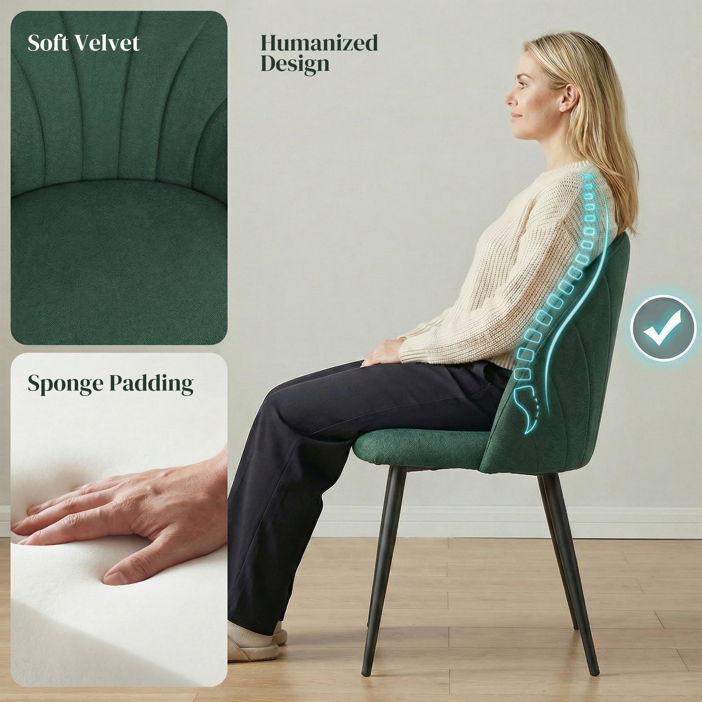 Modern Dining Chairs Set of 4, Upholstered Dining Room Chairs with Metal Legs, Shell Backrest, Padded Seat, Green