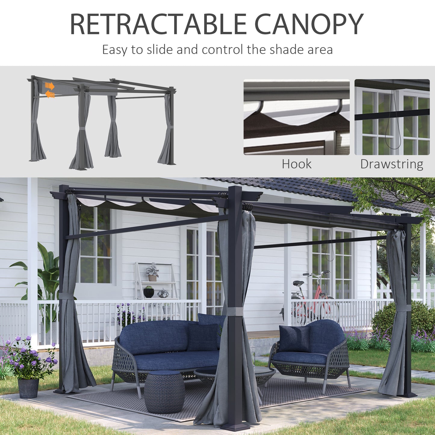 Metal Pergola with Sliding Roof Canopy, Retractable Pergola Canopy