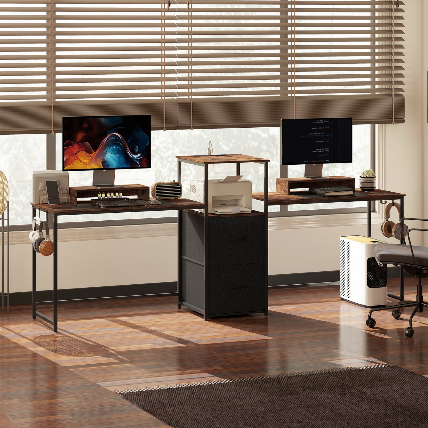 96 Inch Gaming Desk, Dual Computer Desk for 2 Person with Power Outlets and Monitor Stands, Rustic Brown