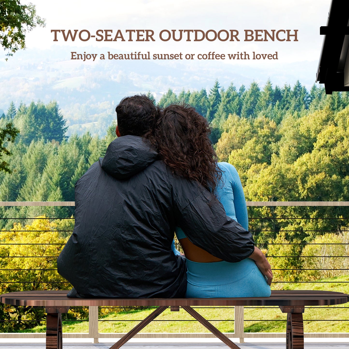 2-Person Outdoor Bench, Wood Garden Bench with Wagon Wheel Legs, Slatted Seat for Patio, Park, Backyard, Natural Wood